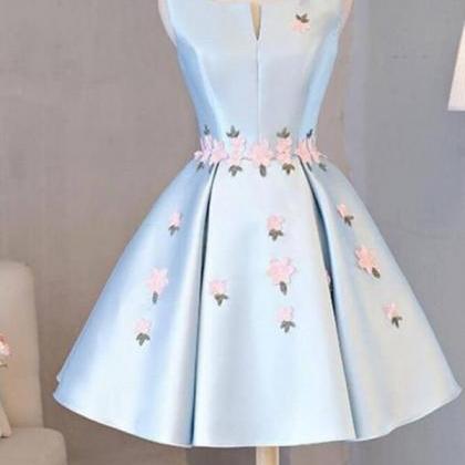 Light Blue Sleeveless Satin Short Prom Dress With..