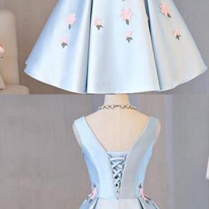 Light Blue Sleeveless Satin Short Prom Dress With..