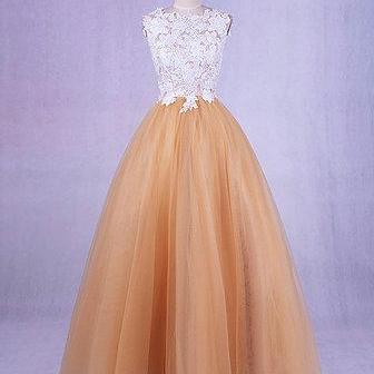 Champagne Tulle O Neck Long Open Back Party Dress,..