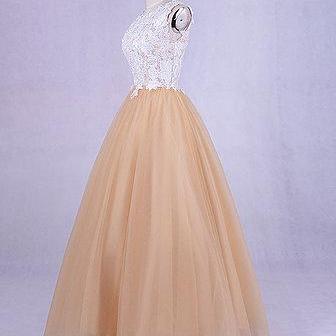 Champagne Tulle O Neck Long Open Back Party Dress,..