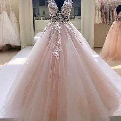 Pink V Neck Tulle Lace Long Prom Dress, Pink..
