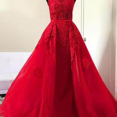 Red Tulle O Neck Long Lace A-line Halter Senior..