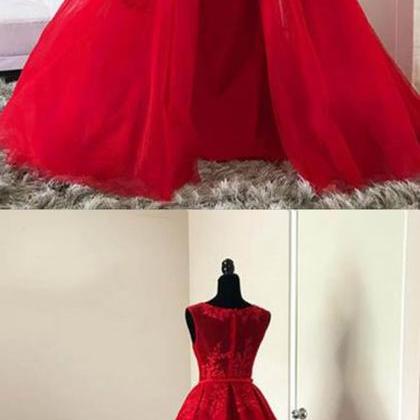 Red Tulle O Neck Long Lace A-line Halter Senior..