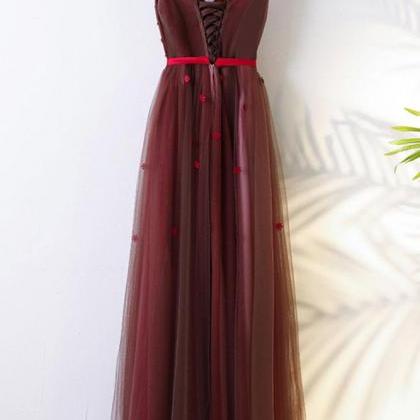 Burgundy V Neck Lace Tulle Long Prom Dress..