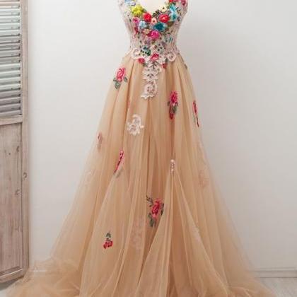 A Line Scoop Backless Appliques Satin Prom Dress LBQ0535