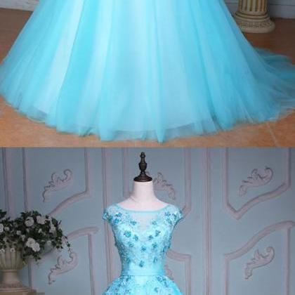 Blue Tulle Scoop Neck Long Winter Formal Prom..