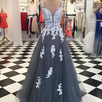 Gray Tulle Lace, Long Prom Dress, Lace Evening..