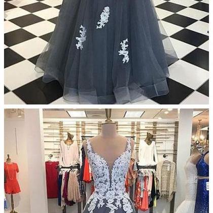 Gray Tulle Lace, Long Prom Dress, Lace Evening..