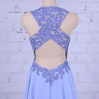 Blue Chiffon, Open Back,long Sweet 16 Prom Dress,..