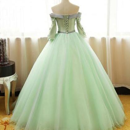 Mint Tulle ,off Shoulder, Mid Sleeves, Long..