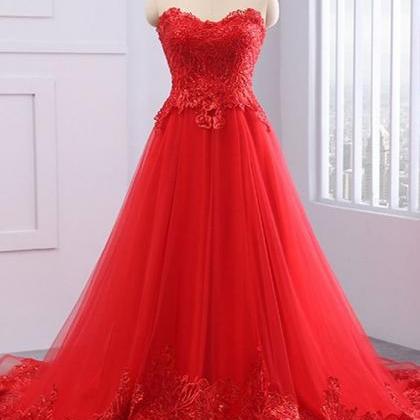 Red Tulle Prom Gowns ,strapless Long Evening..