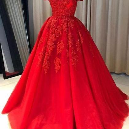 Off Shoulder Evening Dress Red Lace Ball Gowns..