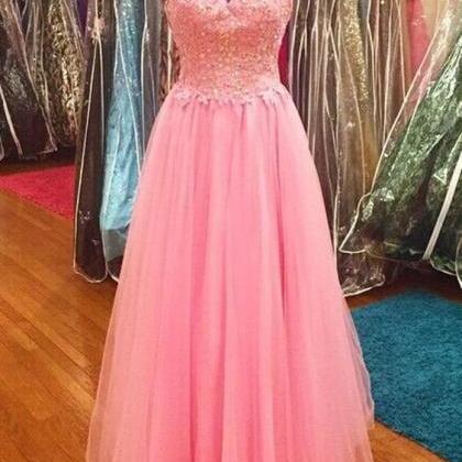 Pink Ball Gowns Tulle Round-neck Evening Dress..