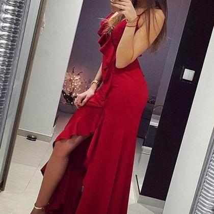 Spaghetti Straps Red Mermaid Evening Dress With Slit