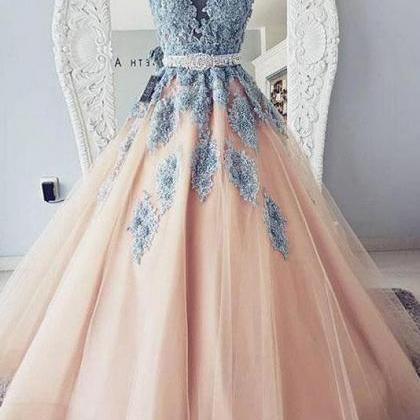 V-neck Blue Lace Party Dress Ball Gown Long Tulle..