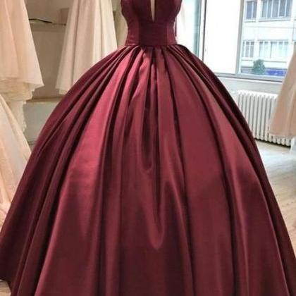 Floor Length Satin Party Dress Burgundy Ball Gown..