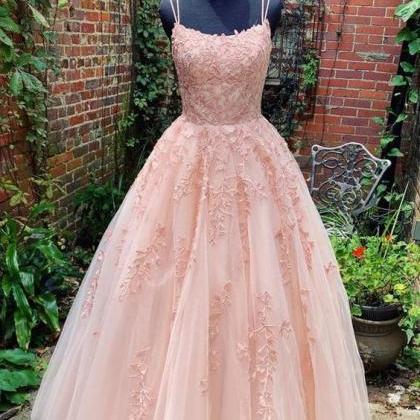 Pink Tulle Lace Long Prom Dress, Pink Tulle Lace..