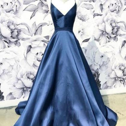 Simple V Neck Party Dress Dark Blue Long Prom..