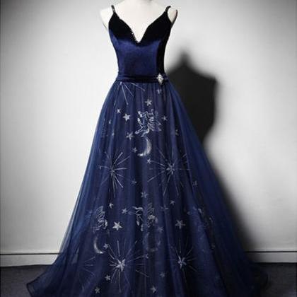 Navy Blue Velvet Prom Dress Long Floral Tulle..