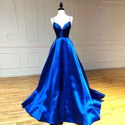 Blue Prom Dress Spaghetti Party Dres V-neck..