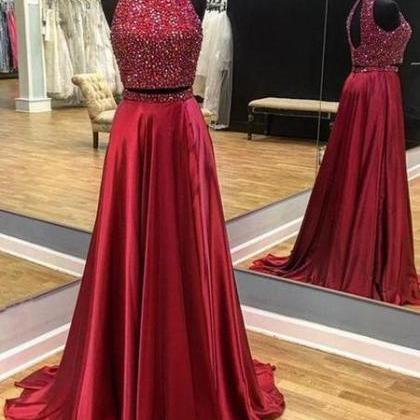 Two Piece Evening Dress Red Party Dress Satin Prom..