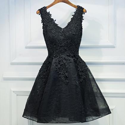 V-neck Party Dress Black Evening Dress Short Mini..