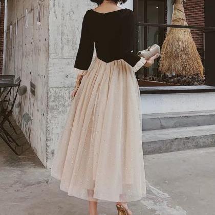 Long Sleeve Prom Dress ,elegant Midi Dress, Black..