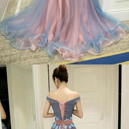 Gray Blue Tulle Prom Dress Off Shoulder Party..