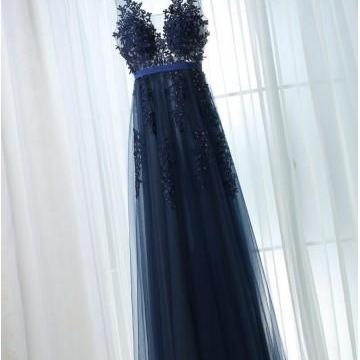 Blue Party Dress Spaghetti Straps Evening Dress..