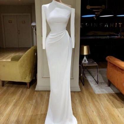 White Evening Dresses Long Sleeve Modest Simple..