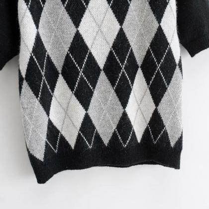 Fall Vintage Diamond Check Pull-over Sweater And..