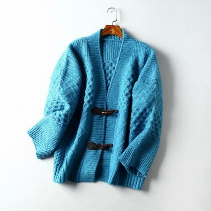 Core-wrapped Yarn Argyle Cardigan Sweater Coat