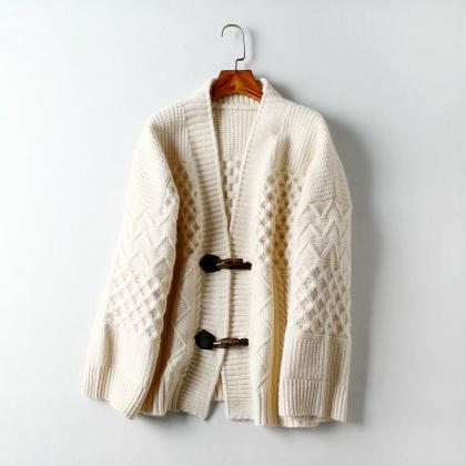 Core-wrapped Yarn Argyle Cardigan Sweater Coat