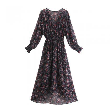 Autumn Print Long Dress With V-neck And Long..