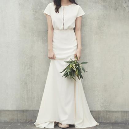 Short Sleeve Prom Dress,white Bridal Dress,simple..