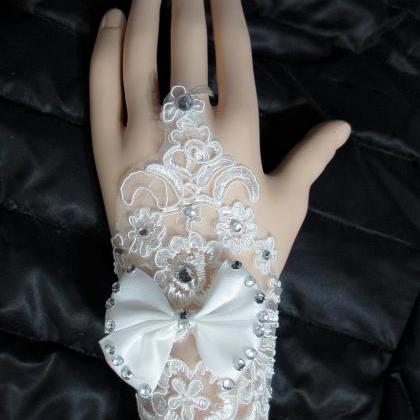 Bride Wedding Lace Gloves, Hook Finger Beaded..