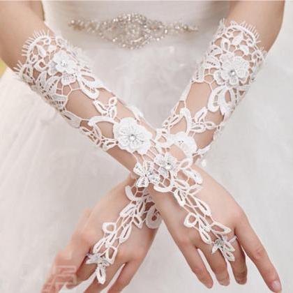 Lace Wedding Gloves, Hollowed-out Nail Beads..