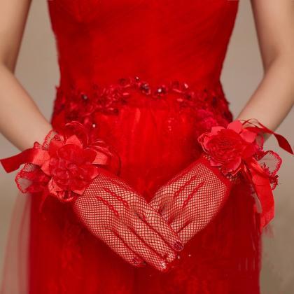 Bride Gown Gloves, Short Red Lace, White Holloff..