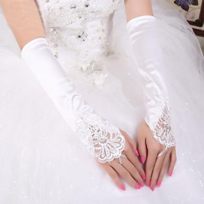 Long Pearl Fingerless Wedding Gloves, Bride Red..