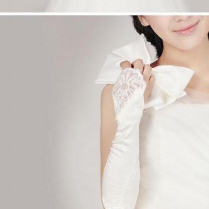 Bride Gloves, White Fingerless Lace Diamond..