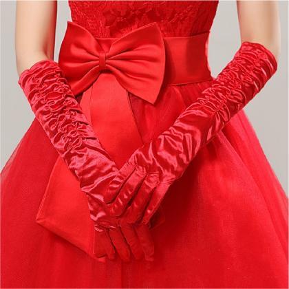 Bride Dress Gown Gloves, Red Stretch Satin..