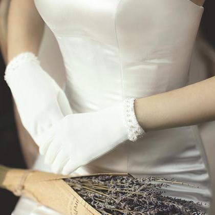 Satin Beaded Short Wedding Gloves, Bridal Wedding..