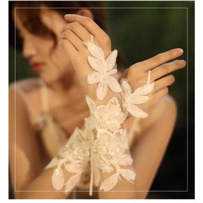 Bride Wedding Short, Lace Pearl Gloves, Simple,..