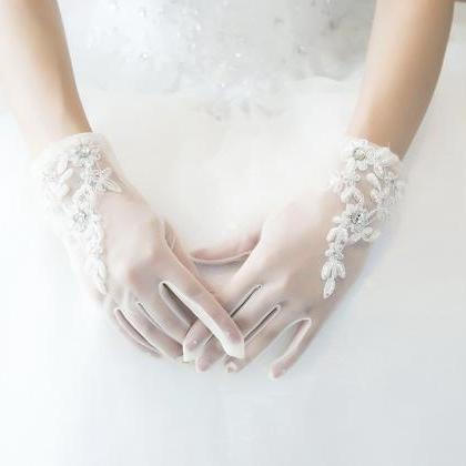 Bride Wedding Short Tulle Gloves, White Embroidery..