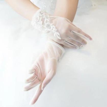 Bride Wedding Short Tulle Gloves, White Embroidery..