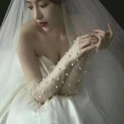 Summer Bridal Tulle Golves, Pearl Medium Length..