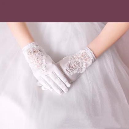 Bridal Gloves Stretch Satin, Wedding Lace White..