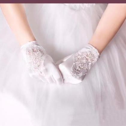 Bridal Gloves Stretch Satin, Wedding Lace White..