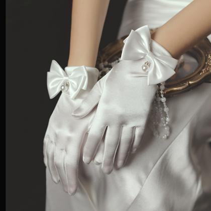 Bridal Dress Gloves, Short Tulle, Pearl White..