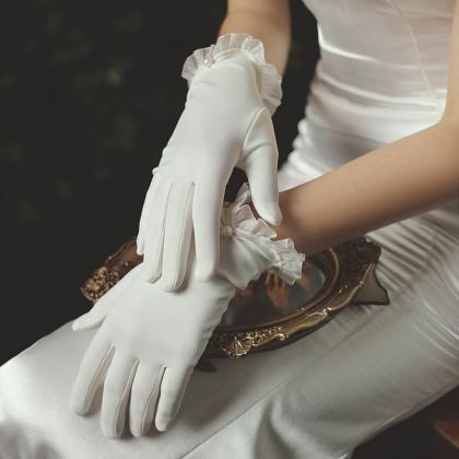 Bridal Dress Gloves, Short Tulle Pearl White..